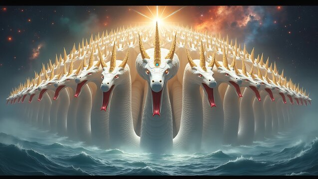 An epical cosmic visual based on Hindu scriptures featuring thousands of heads of Sheshnaag Adishesha shimmering over cosmic ocean waves.