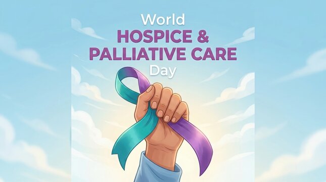 World hospice and palliative care day illustration with a hand holding a teal and purple ribbon