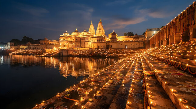 Temple River Ghat with Thousands of Burning Clay Diyas lining Concrete Steps and Golden Water Reflections for Deepotsav Dev Deepawali, Dussehra, and Diwali