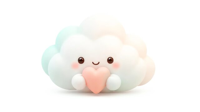 Tiny fluffy cloud with a cute little heart, soft pastel tones, dreamy 3D style, white background