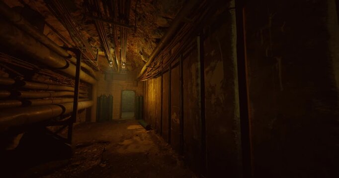 Green lighted industrial passage with corroded walls and hanging pipes, peeling paint, dripping stains, scattered brackets and emergency signage, tense moody