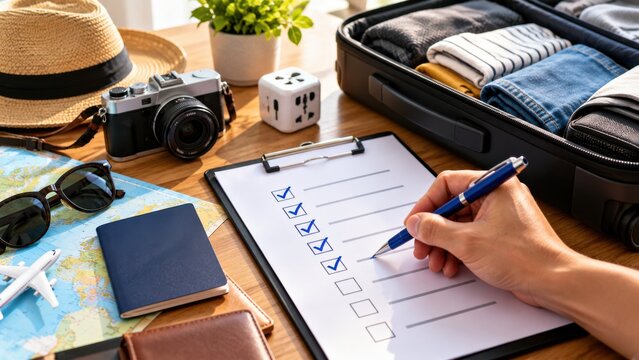 Traveler preparing for vacation with checklist on clipboard, passport, camera, hat and suitcase on table.