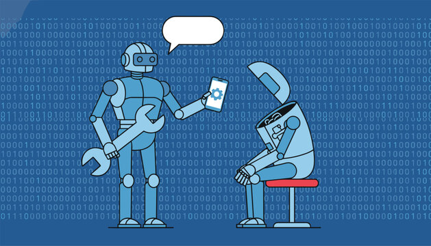 Two robots discussing repair options with a wrench and smartphone on a blue background filled with binary code.