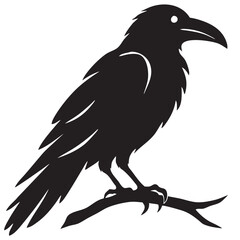 Fototapeta premium Black raven silhouette sitting on branch isolated on white.