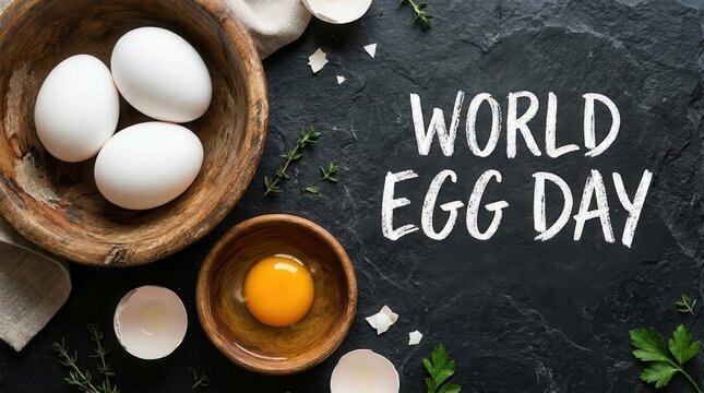 World egg day concept with fresh eggs in wooden bowls on a dark stone background