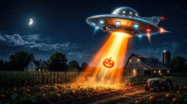 UFO tractor beam abducting a glowing pumpkin over a farm field at night