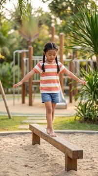 Little asian girl walking on wooden balance beam at outdoor playground