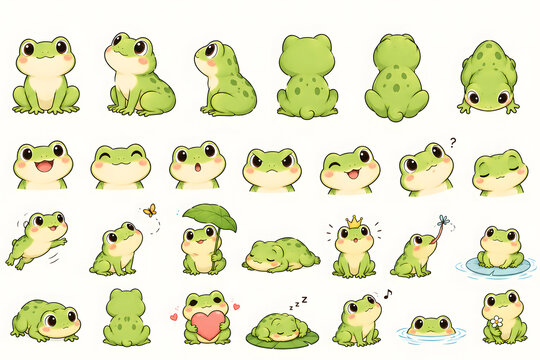 Cute Green Frog Character Sheet Turnaround Poses and Facial Expressions Vector