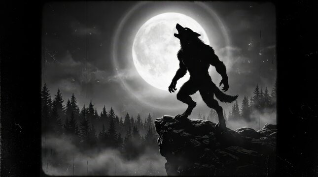 Werewolf howling on cliff top against full moon in night sky