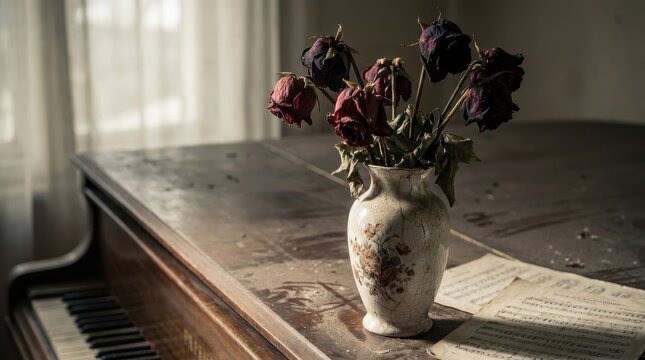 Dried roses in a vintage ceramic vase on a dusty piano