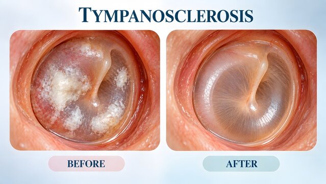 AI generated medical comparison of tympanosclerosis eardrum condition before and after treatment recovery