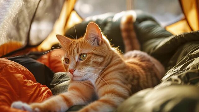 Orange tabby cat resting on green and rust sleeping bags inside sunlit camping tent, blurred mesh and forest behind, cozy outdoor adventure atmosphere