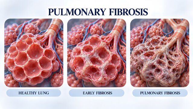 AI generated pulmonary fibrosis progression diagram showing healthy lung vs diseased alveoli and scar tissue