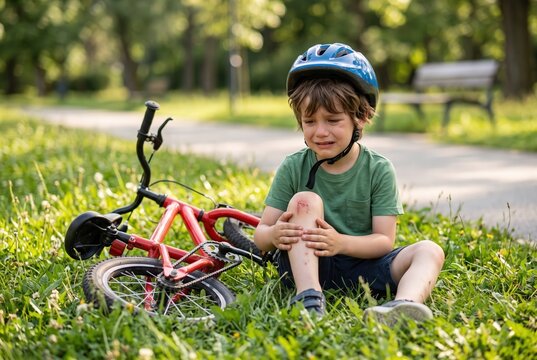 Child crying with knee injury after falling from bicycle outdoors
