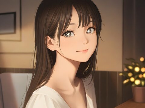Gentle anime girl portrait rendered in soft pastel colors featuring warm lighting and nostalgic interior bedroom details in a serene cozy atmosphere