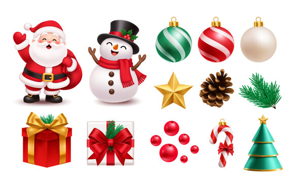 Christmas Isolated Elements Set with Santa Claus, Snowman, Ornaments, Gifts, Star, Pine Branch and Candy Cane