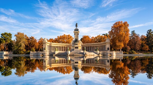 Retiro Park monument reflection in water during autumn season in Madrid, Spain, beautiful travel landscape photo