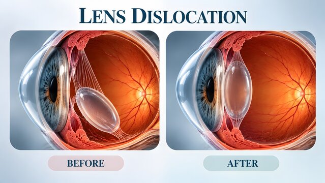 AI generated medical illustration of human eye lens dislocation repair comparison before and after surgical treatment
