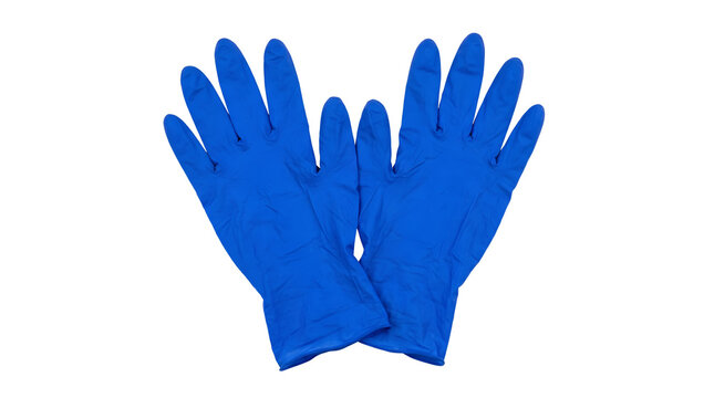 Pair of blue medical nitrile gloves for healthcare and clinical protection, professional doctor disposable examination hand equipment cutout, isolated transparent background object element