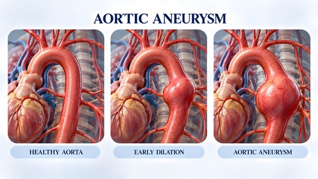 AI generated medical illustration showing stages of aortic aneurysm from a healthy aorta to early dilation and disease