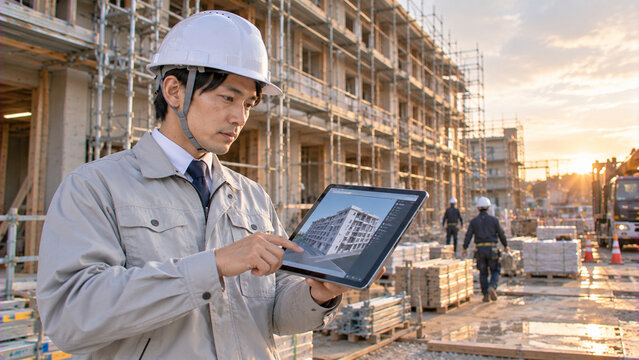 建設現場でタブレットの3D建築モデルを確認する日本人の施工管理者・BIMによるデジタル施工管理