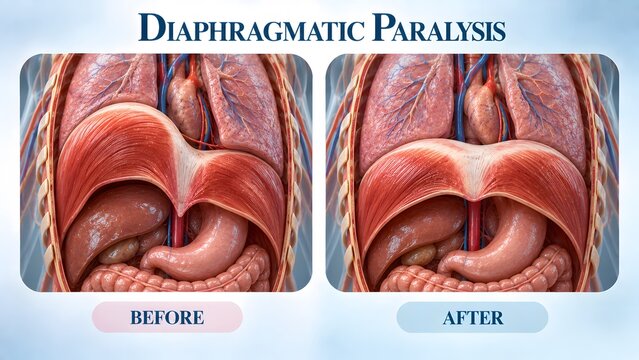 AI generated anatomical illustration of diaphragmatic paralysis showing comparative before and after medical states