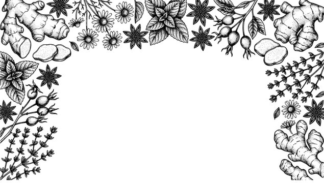 Hand drawn herbal tea ingredients frame banner with ginger chamomile mint star anise