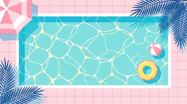 Swimming pool top view with blue water, pink tiles, beach ball, and yellow donut float in flat vector illustration style