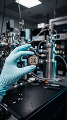 Fototapeta premium A small gold framed component is displayed against metallic instruments in a vertical view. Concept of microelectronics research for technology supplier marketing. Generative AI.