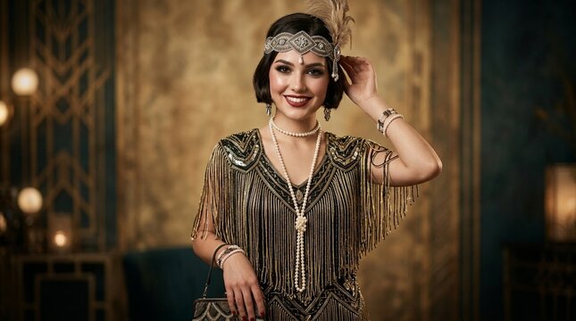 Glamorous 1920s Flapper Woman Smiling, Art Deco Style