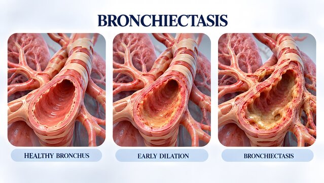 AI generated medical illustration of bronchiectasis progression from healthy bronchus to advanced airway dilation.