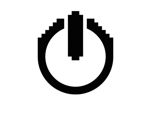 Pixelated black power button icon in a flat design style, representing digital control, on/off functionality, and system activation for technology...