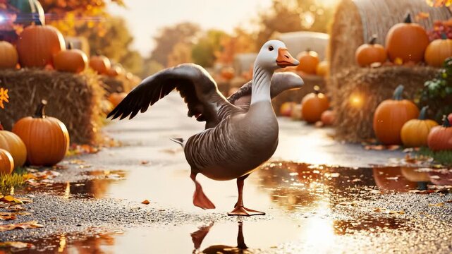 Goose stands on wet ground near orange pumpkins in autumn. Farm bird flaps wings amidst fall harvest decor. Goose reflects in water puddles at nature farm. Autumn pumpkins surround animal outdoors.