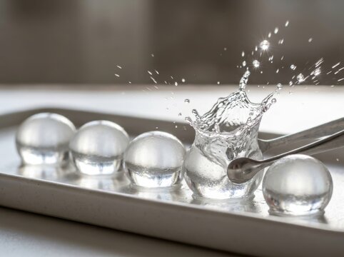 Molecular gastronomy spherification with liquid splash and silver spoon