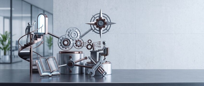 3D conceptual illustration of business growth and automation featuring a figure climbing stairs to success, gears for workflow, a compass for strategic direction, and technical tools for development.