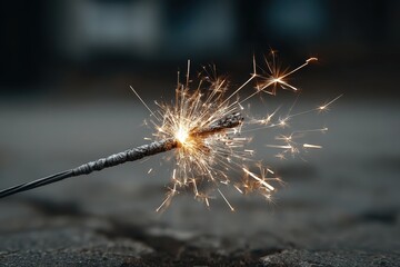 Fototapeta premium Capture the festive spirit with this close-up showcasing a vibrant sparkler, its golden sparks creating a magical display of light and celebration