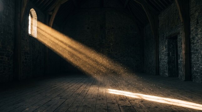 Single shaft of sunlight with floating dust motes in dark empty room, ethereal quiet atmosphere concept