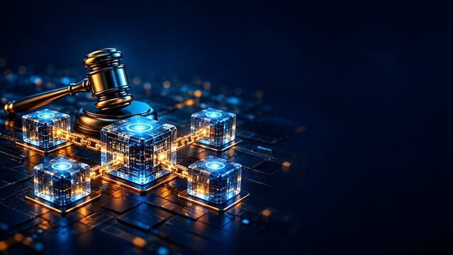 Digital blockchain network with glowing cubes connected by chains and a judge s gavel symbolizing legal technology and smart contracts