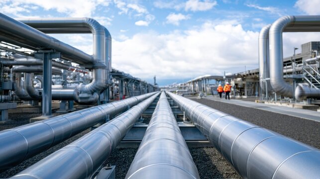 long rows of silver geothermal power plant pipes under a cloudy blue sky