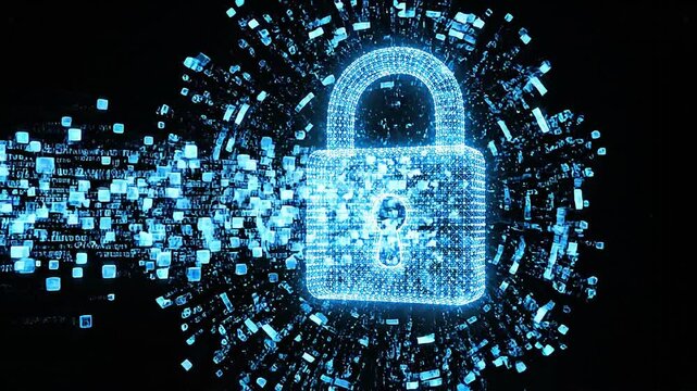 A glowing blue digital padlock forms as binary code and data blocks stream and assemble around it, representing secure data encryption and cybersecurity.