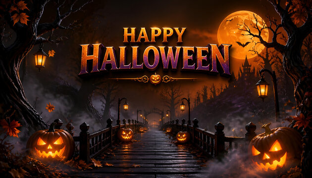 Happy halloween spooky landscape with jack-o-lantern pumpkins and full moon on a wooden path