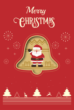 Festive Merry Christmas Vertical Greeting Poster with Cute Santa Claus, Decorative Bell Frame, Christmas Trees and Snowflake Elements on Red Background, Editable Vector Illustration