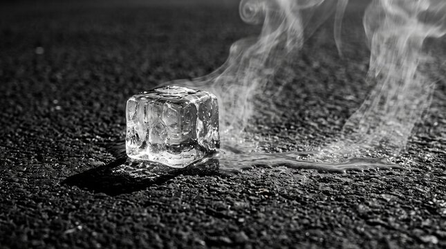 Single ice cube melting rapidly on hot dark asphalt with heat shimmer, extreme summer heat concept