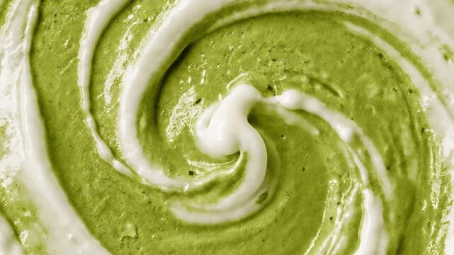 Macro Shot of Smooth Green Matcha Paste and White Cream Swirling Together in a Bowl Close Up View of Matcha Green Tea Cream Being Swirled and Mixed with White Milk or Yogurt Texture