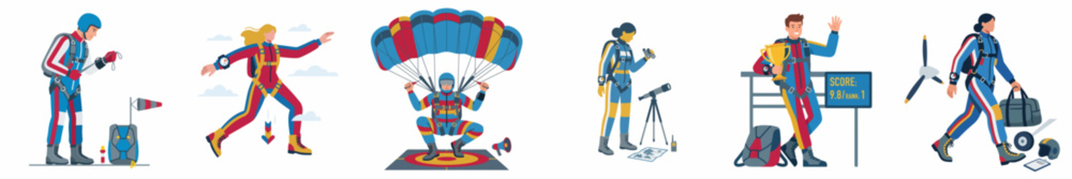 Set of vector illustrations featuring skydivers and parachute jumpers engaged in various activities, from preparation and freefalling to landing and gear management.