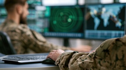 Fototapeta premium military personnel monitoring radar and global map on computer screens at a control desk