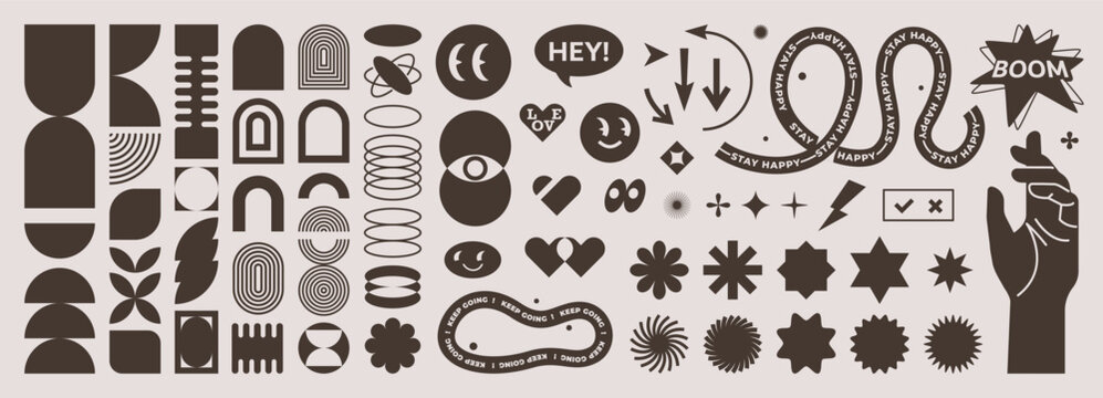Abstract geometric shapes set vector illustration. Graphic design elements with retro line, simple form, figure, arch, flower, smiley and hand. Trendy cartoon flat stickers, brutal aesthetic