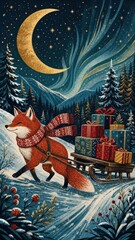 Obraz premium Fox pulling festive sleigh beneath golden crescent moon