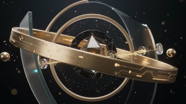 Golden gyroscope atom rings rotating with light streaks and particles on black background