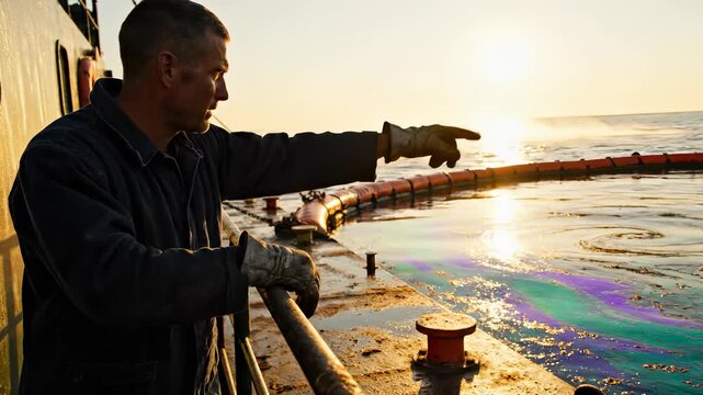 Worker points at massive oil spill in ocean. Man inspects pollution containment boom. Toxic oil slick floats on sea surface. Disaster cleanup involves containment barrier. Pollution damages ocean.